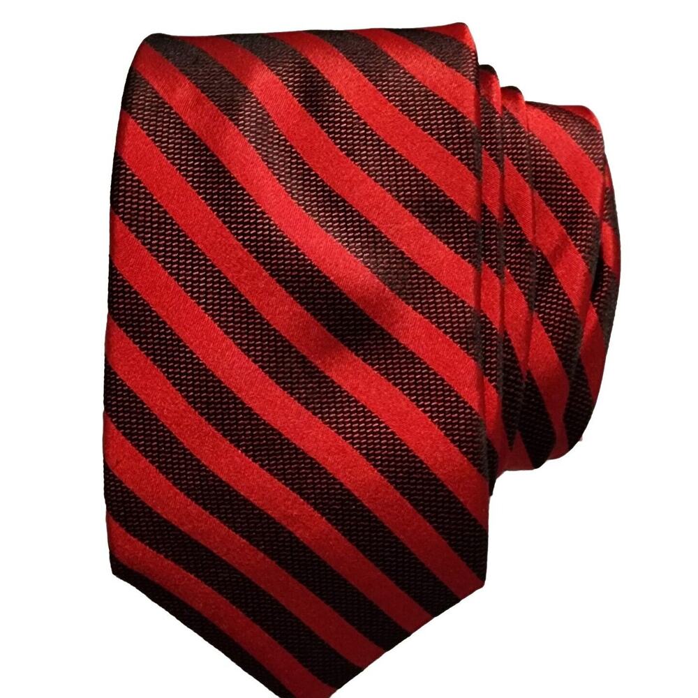 Calvin Klein Premium Mens Silk Necktie Red‎ Black Diagonal Striped Woven Classic